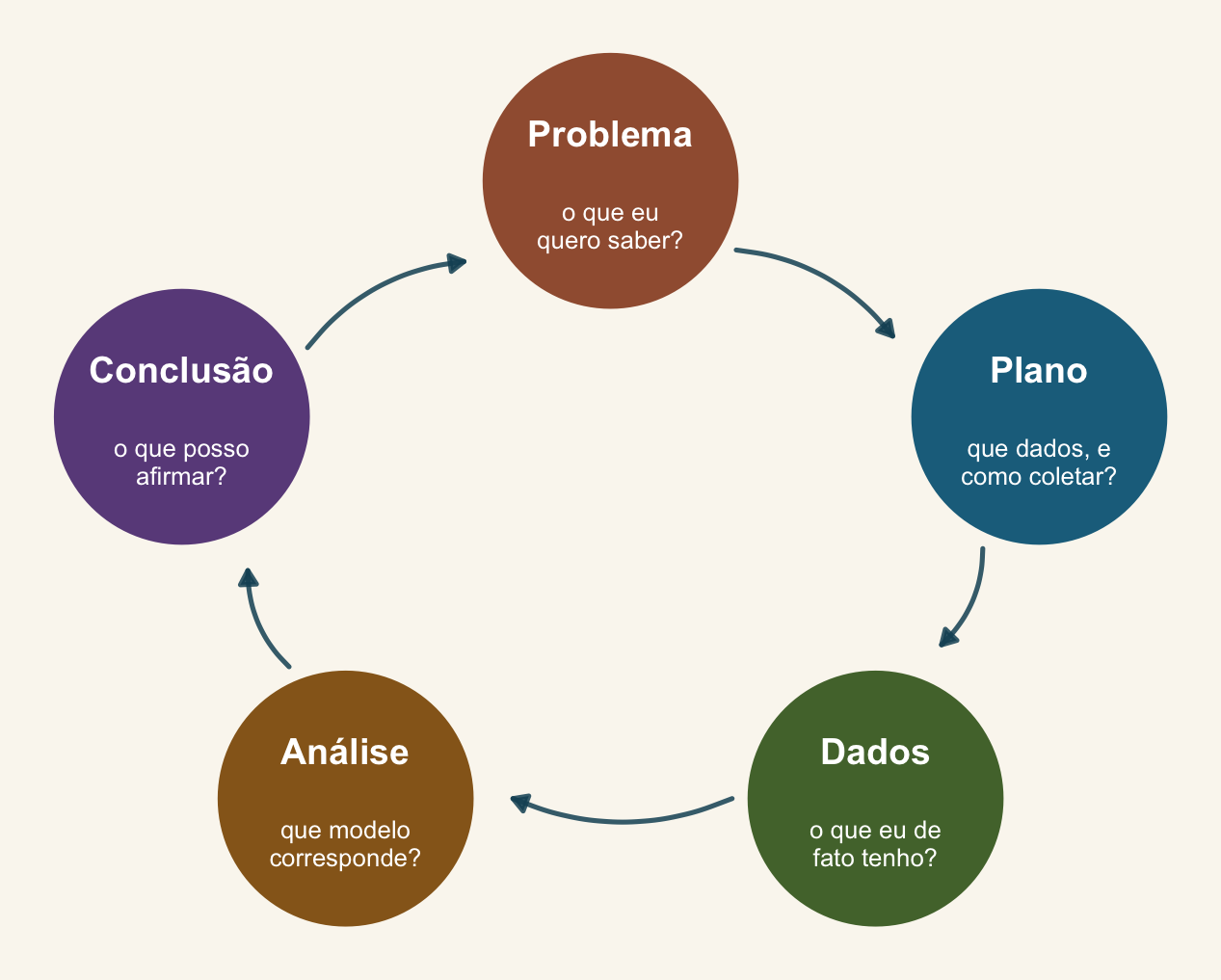 Diagrama circular com as cinco etapas do ciclo PPDAC, cada uma com sua cor: Problema (o que eu quero saber?), Plano (que dados, e como coletar?), Dados (o que eu de fato tenho?), Análise (que modelo corresponde?) e Conclusão (o que posso afirmar?), ligadas por setas.