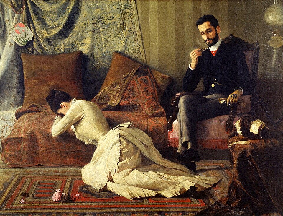 Pintura Arrufos, de Belmiro de Almeida: uma mulher caída sobre um divã, chorando, enquanto um homem de terno fuma sentado numa poltrona, impassível. Legenda: metade das minhas espécies não está na árvore; calma, tem o phyndr.