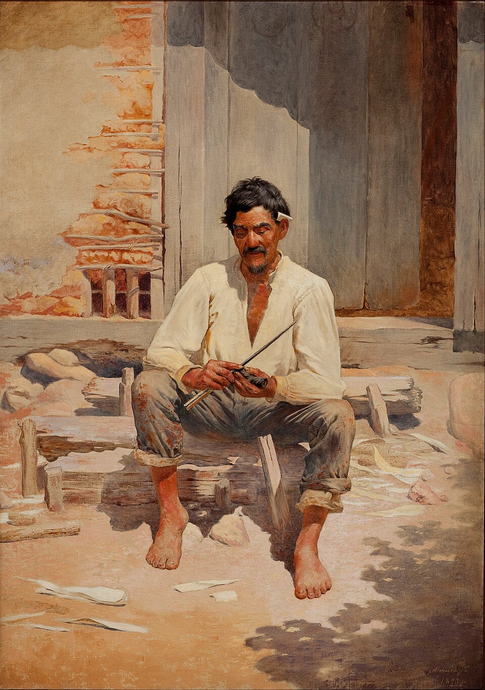 Pintura Caipira picando fumo, de Almeida Júnior: um homem descalço, sentado num tronco diante de uma casa de pau a pique, pica fumo com uma faca, de olhos baixos. Legenda: o teste de Pagel deu p < 0,001; mas foi uma mudança só, num clado.