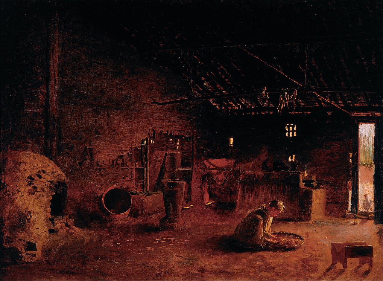 Pintura Cozinha caipira, de Almeida Júnior: interior escuro de uma cozinha de chão de terra, com um forno de barro à esquerda; uma mulher, agachada, peneira grãos num balaio. Legenda: teoria peneirada; agora é mão na massa.