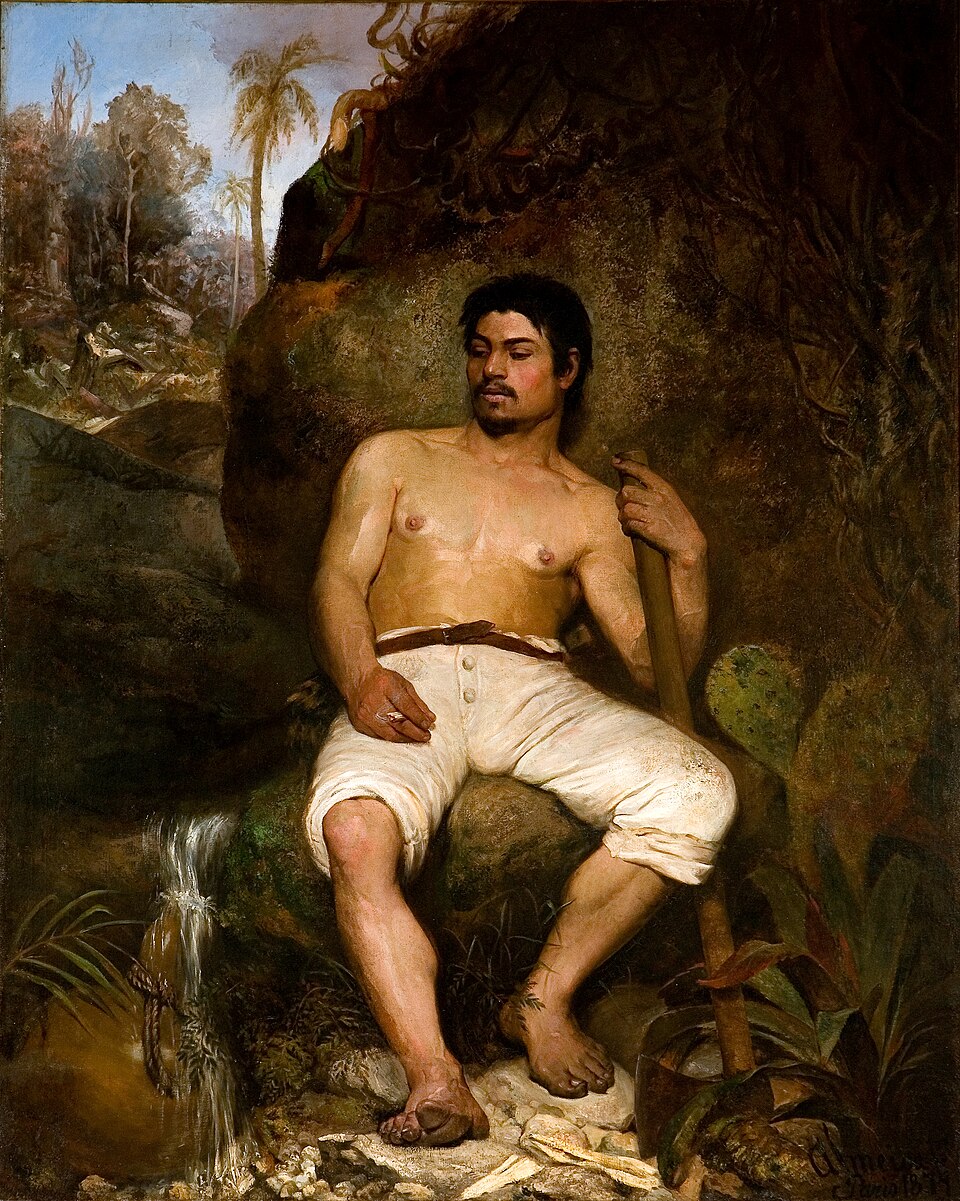 Pintura O derrubador brasileiro, de Almeida Júnior: um homem de torso nu descansa sentado numa pedra na mata, com o machado ao lado. Legenda: árvore lida, dados conferidos; agora, mão na massa.