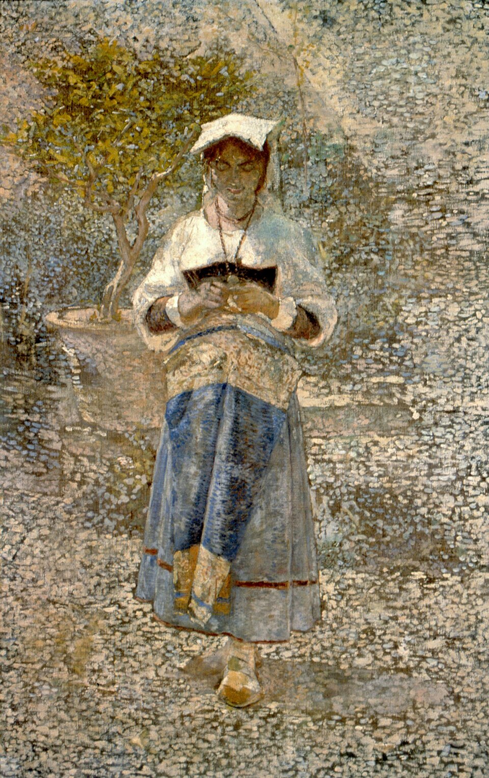 Pintura Efeitos do sol, de Belmiro de Almeida: uma moça de lenço na cabeça lê um papel num jardim iluminado, com o rosto meio encoberto. Legenda: o AIC escolheu o OU; e o alfa? difícil de estimar.