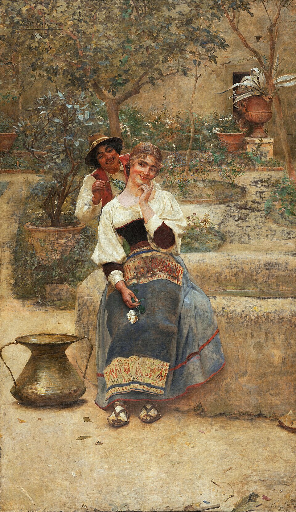 Pintura Bom tempo ou Idílio campestre, de Belmiro de Almeida: uma moça sorridente sentada num muro de pedra; atrás dela, um rapaz de chapéu se inclina para falar ao seu ouvido. Legenda: X e Y, um casal? Não: parentes.