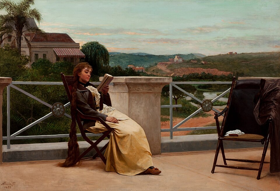 Pintura Leitura, de Almeida Júnior: uma moça de vestido claro lê um livro sentada numa varanda. Legenda: 22 coordenadas, 9 espécies; verossimilhança penalizada.
