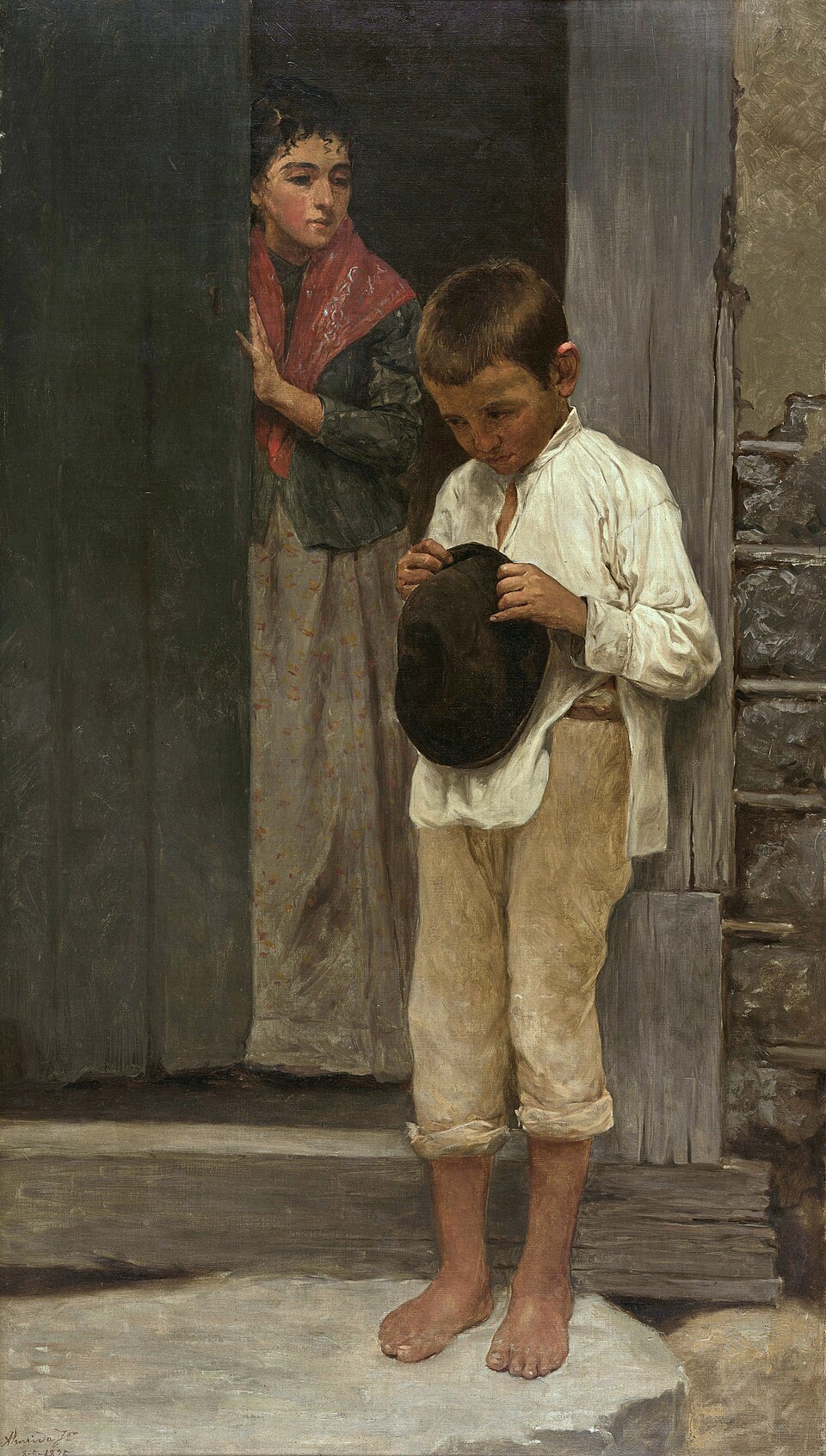 Pintura Recado difícil, de Almeida Júnior: um menino descalço, de chapéu na mão e olhar baixo, na soleira de uma porta; atrás dele, uma mulher o observa. Legenda: e o sinal? K igual a 0,2, com 12 espécies.