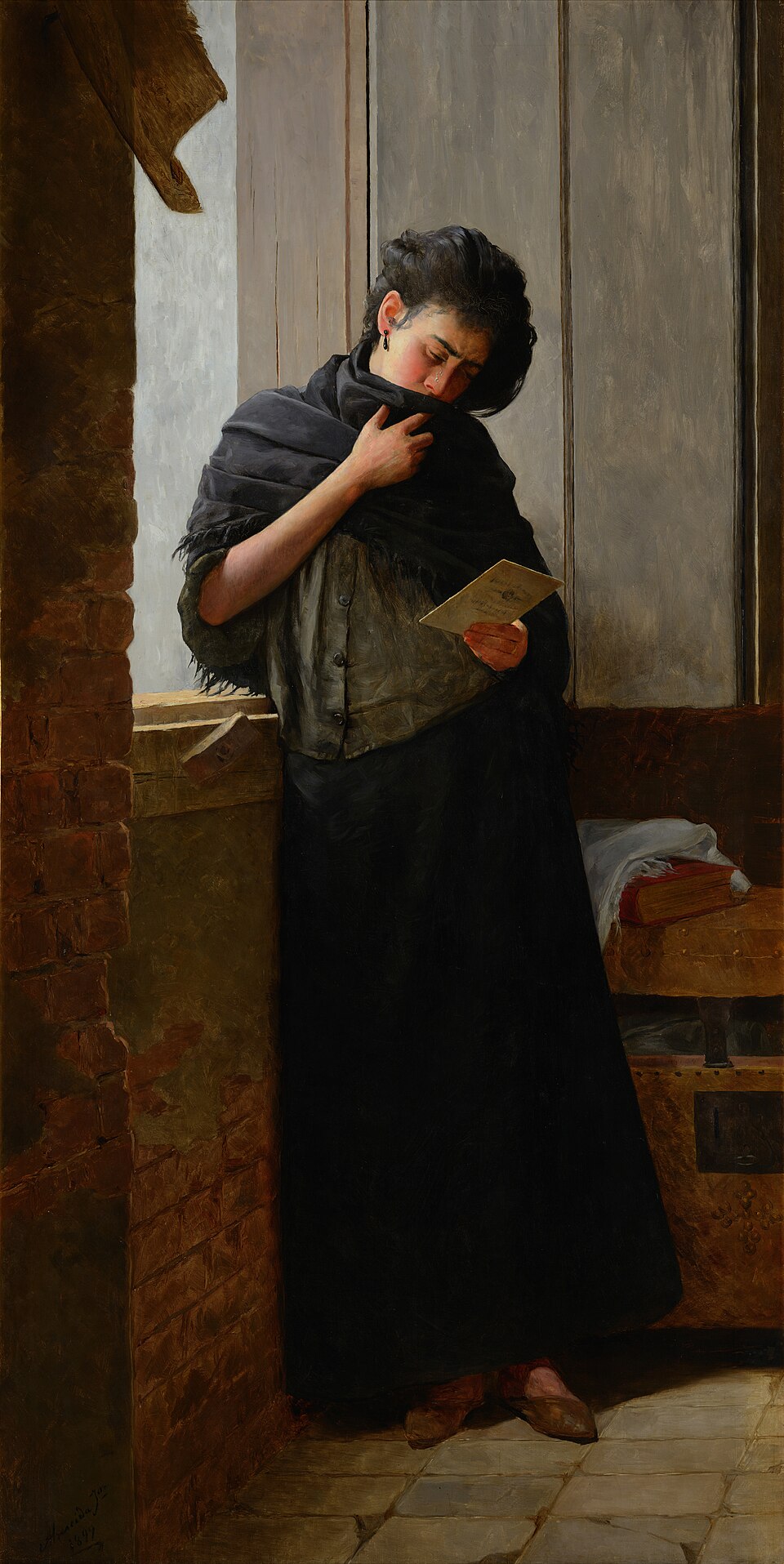 Pintura Saudade, de Almeida Júnior: uma mulher de xale escuro, junto a uma janela, lê uma carta e chora. Legenda: eu só queria saber como era o ancestral; IC 95%: de 1,34 a 2,32.