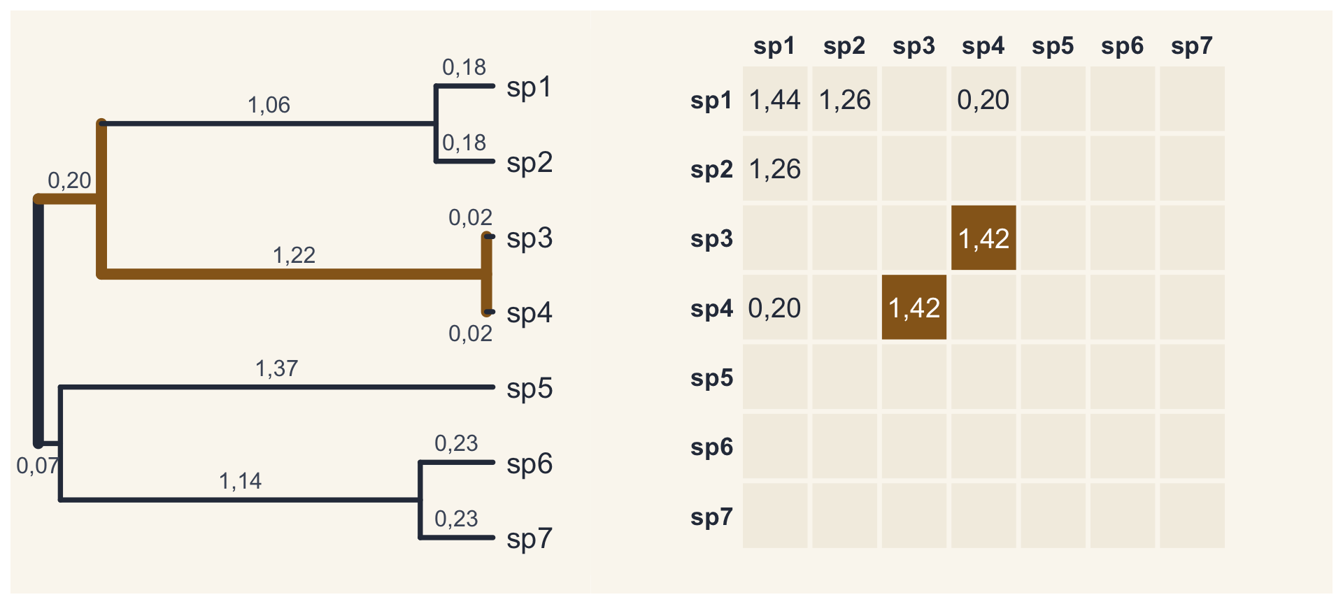 O caminho compartilhado pelas espécies 3 e 4 pintado (0,20 e 1,22); na matriz, a covariância entre 3 e 4, 1,42, em destaque.