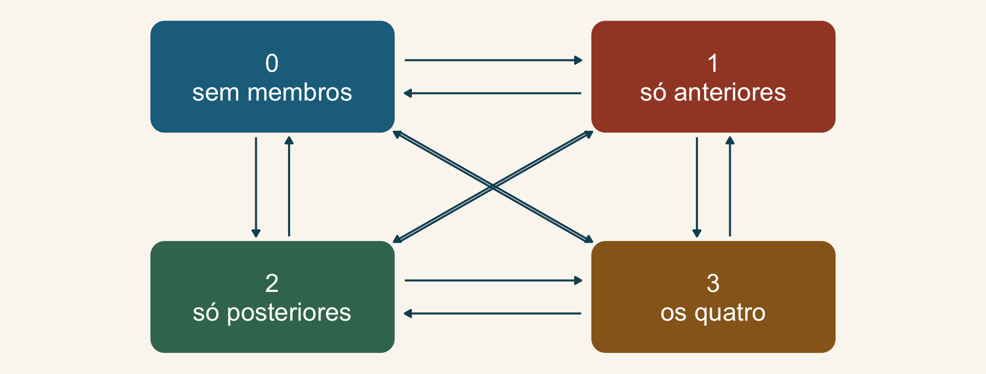 Quatro caixas coloridas (0 sem membros, 1 só anteriores, 2 só posteriores, 3 os quatro membros) ligadas por setas nos dois sentidos entre todos os pares, inclusive nas diagonais.