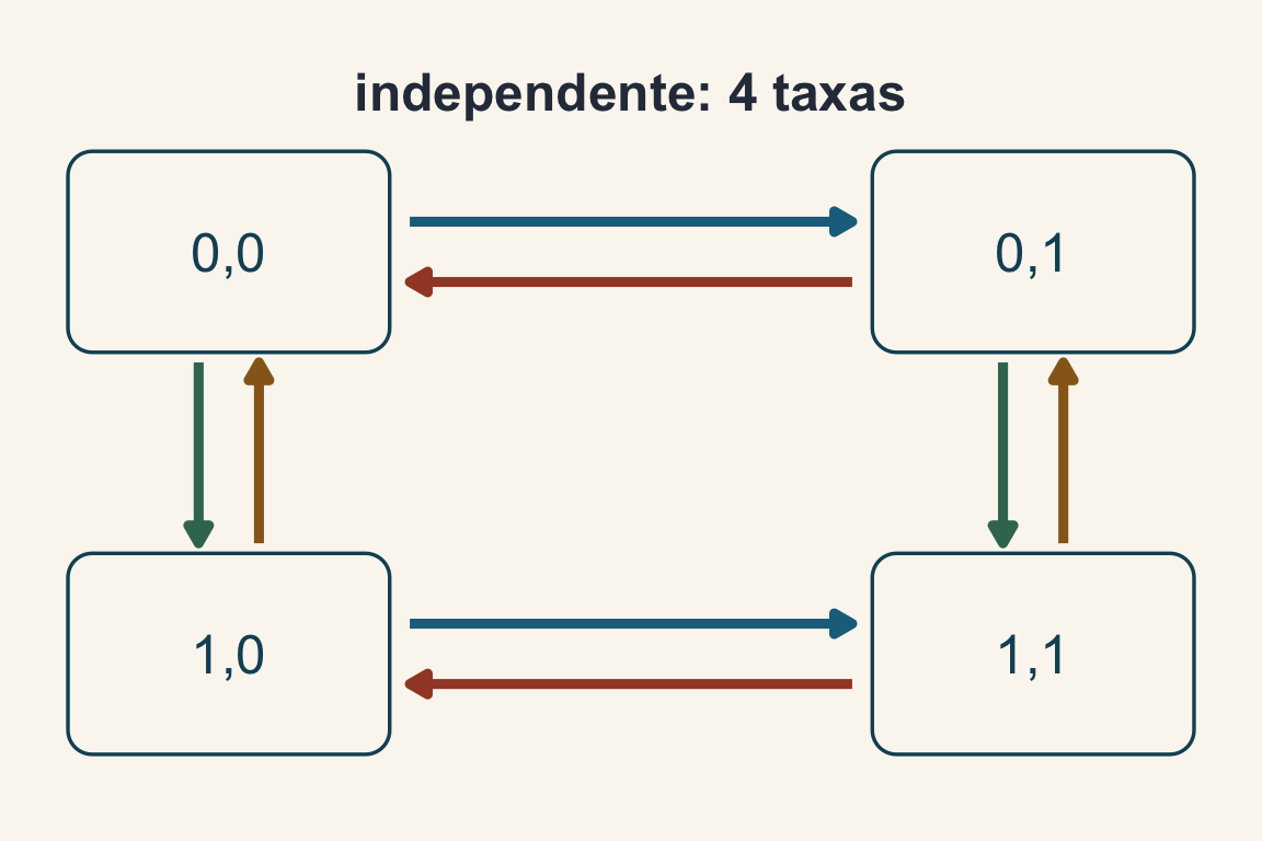 Os quatro estados combinados de dois caracteres binários (0,0; 0,1; 1,0; 1,1) nos cantos de um quadrado. As setas horizontais (mudanças em Y) têm as mesmas cores em cima e embaixo, e as verticais (mudanças em X), as mesmas cores à esquerda e à direita: quatro taxas.