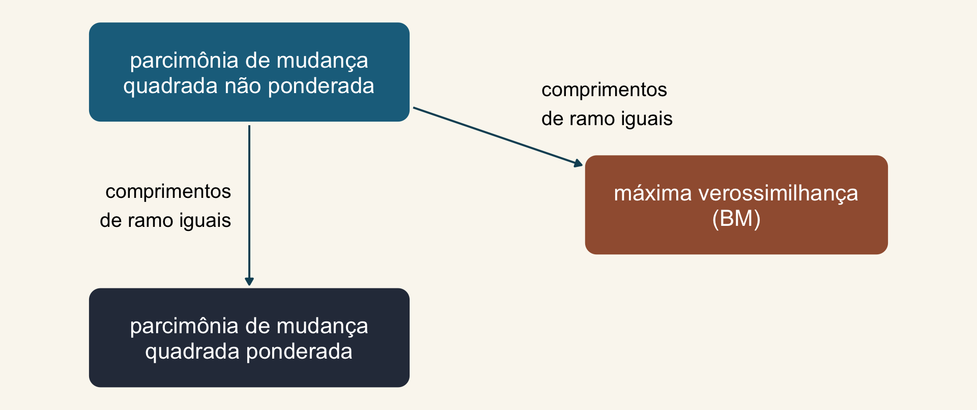 Três caixas: parcimônia de mudança quadrada não ponderada, no alto; ponderada, embaixo; máxima verossimilhança sob BM, à direita. A não ponderada liga-se às outras duas por setas rotuladas comprimentos de ramo iguais.