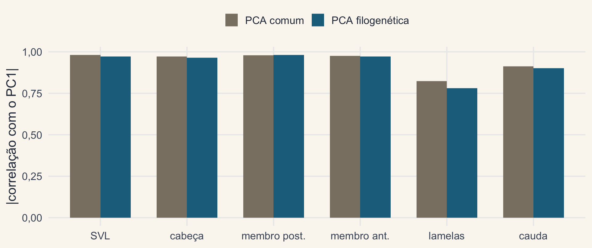 Barras da correlação de cada um dos seis atributos dos Anolis com o PC1, na PCA comum e na filogenética: quase iguais, todas altas, o PC1 é o tamanho nas duas.