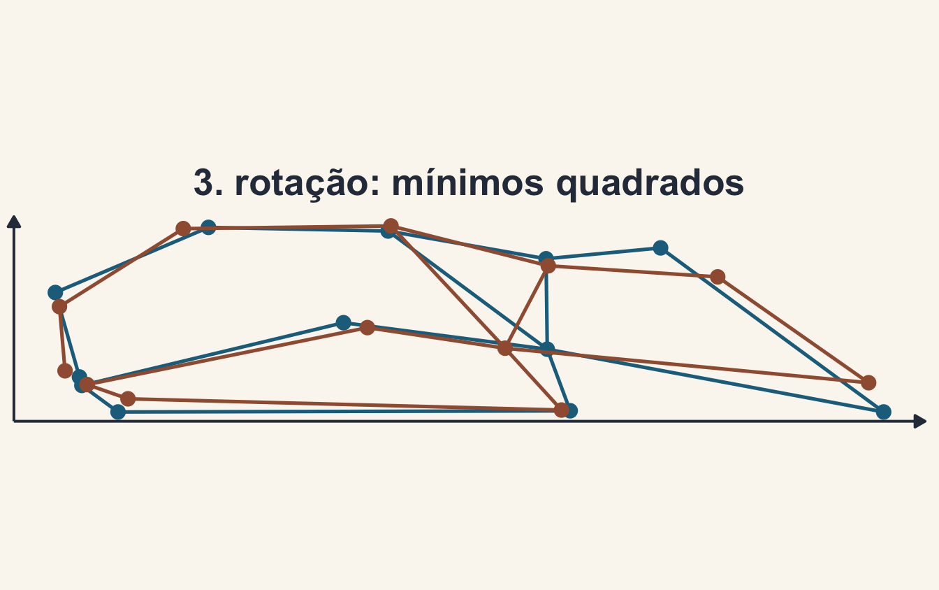 As duas configurações sobrepostas depois da rotação que minimiza a soma dos quadrados das distâncias entre marcos correspondentes; sobram só as diferenças de forma.