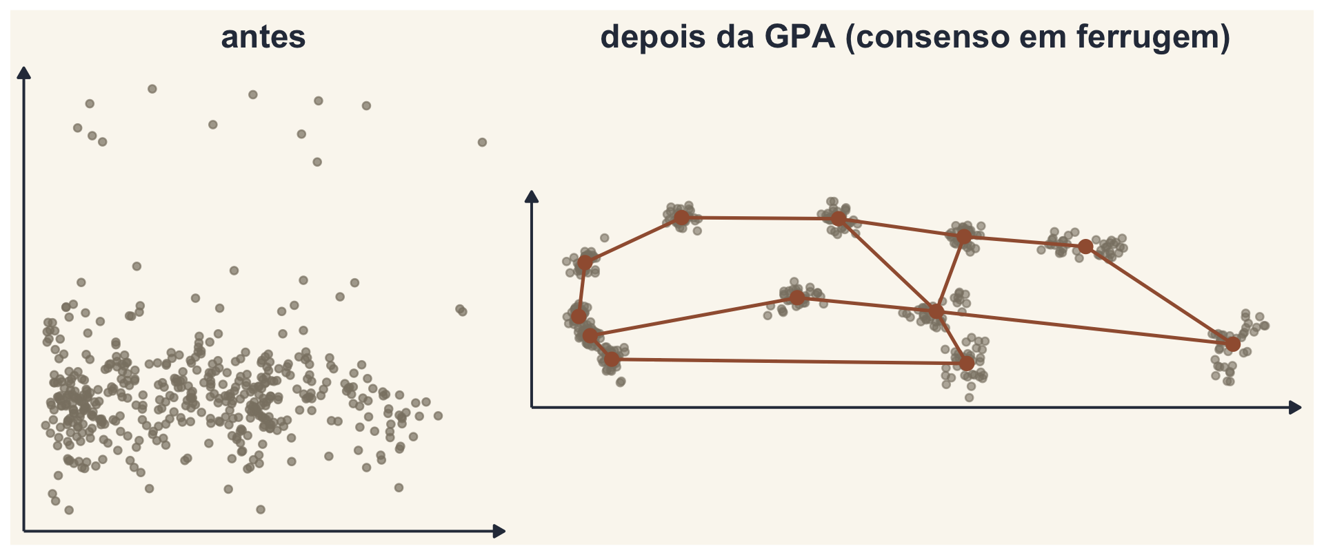 À esquerda, os marcos dos 40 exemplares antes do alinhamento, espalhados; à direita, depois da superposição generalizada de Procrustes, agrupados em torno da configuração de consenso.